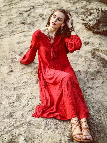 Bohemia Inwrought Long Sleeve V Neck Beach Long Dress