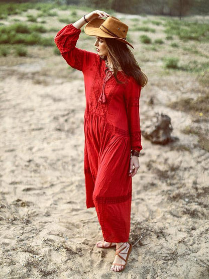 Bohemia Inwrought Long Sleeve V Neck Beach Long Dress