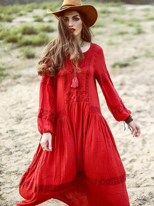 Bohemia Inwrought Long Sleeve V Neck Beach Long Dress