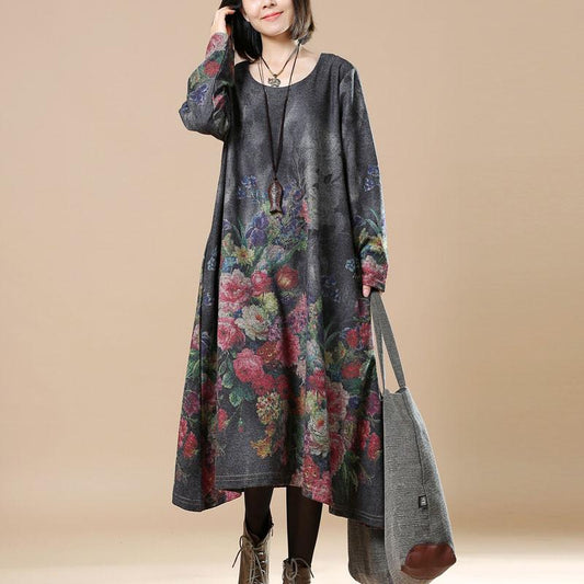 Women Print Casual Loose Round Neck Long Sleeve Dress