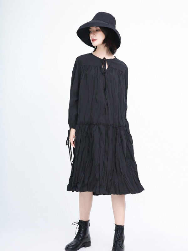 Loose Solid Pleated Lace Up Dress