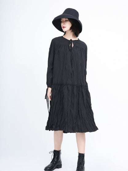 Loose Solid Pleated Lace Up Dress