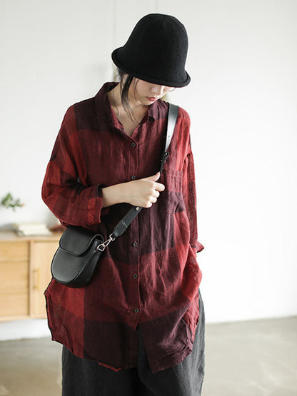 RETRO LINEN PLAID LONG SHIRT