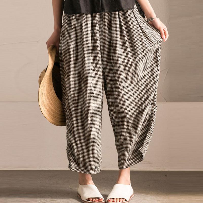 Irregular Women Lattice Loose Linen Cotton Long Pants