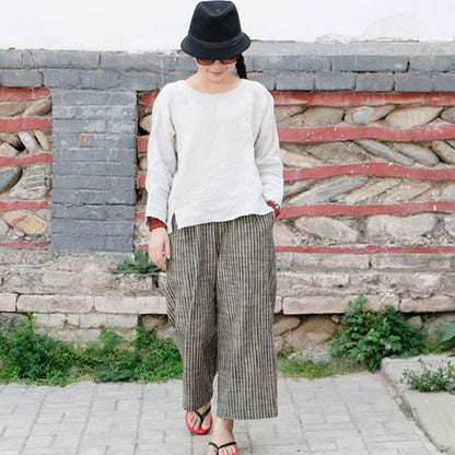 Loose linen Ankle Length Gray Coffee Stripe Women Pants