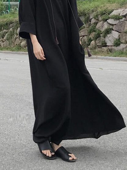 Black Vintage Daily Long Dress with Ropes on the Neck