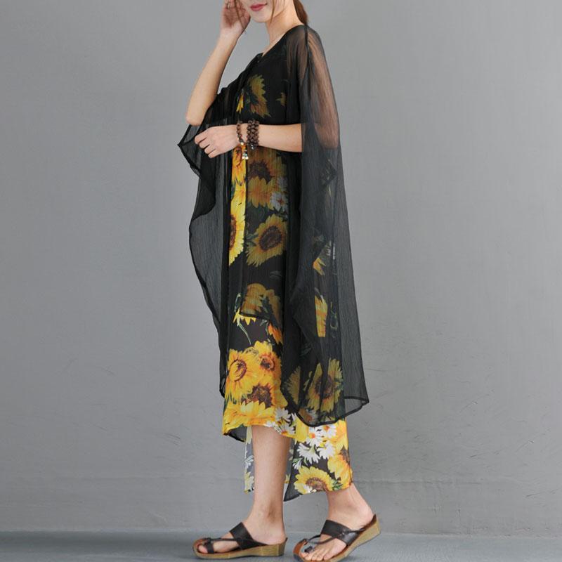 Summer Fake Two Pieces Yellow Flower Printed Bat Sleeve Dress