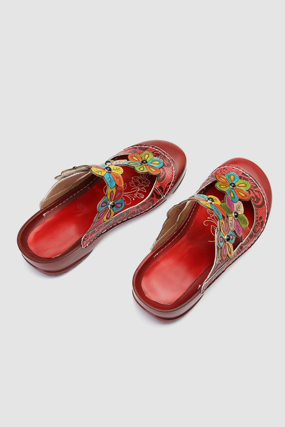 Retro Flower Pattern Handmade Leather Flat Round Head Comfortable Casual Sandals