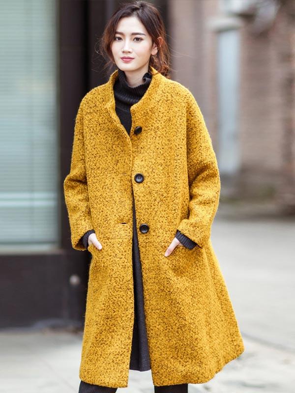 Winter Women Yellow Loose Wool Coat