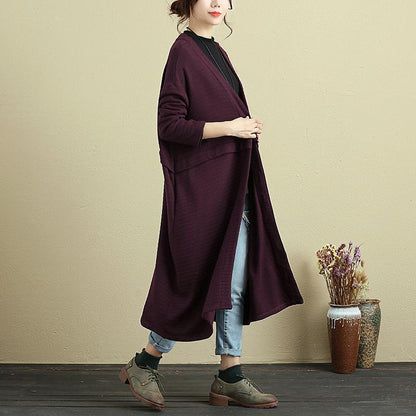 Women Long Sleeve Stripe Pockets Dark Red Cardigan Coat