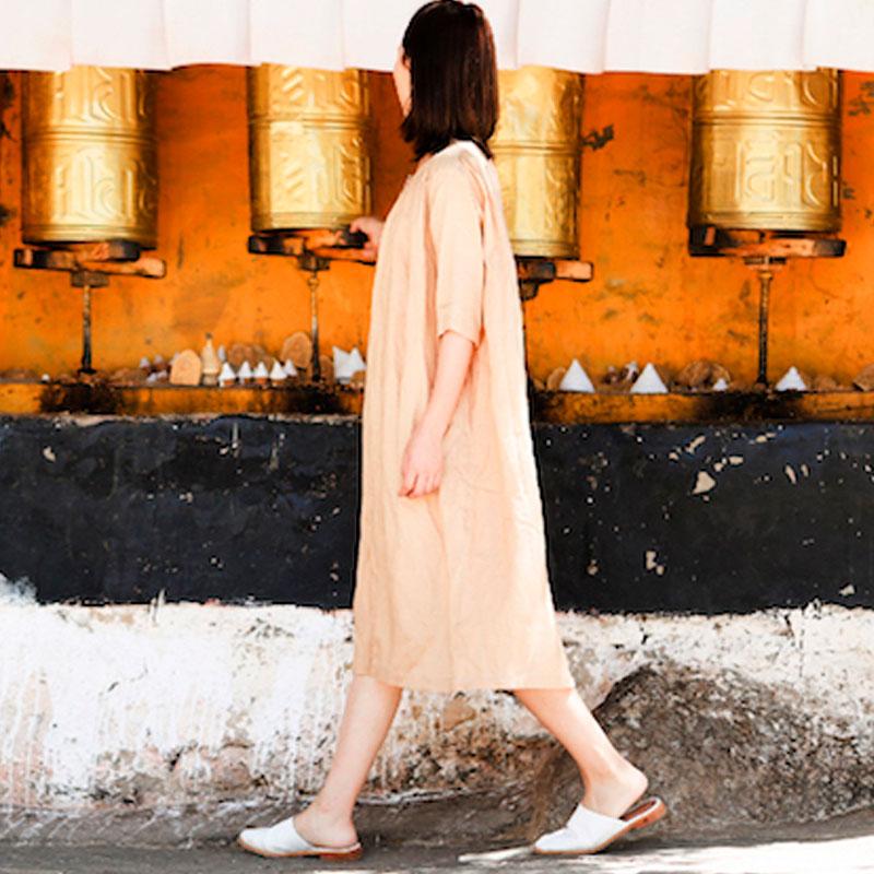 Round Neck Half Sleeve Women Single Breasted Ramie Shirt Dress