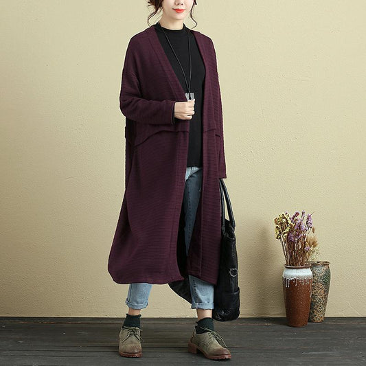 Women Long Sleeve Stripe Pockets Dark Red Cardigan Coat