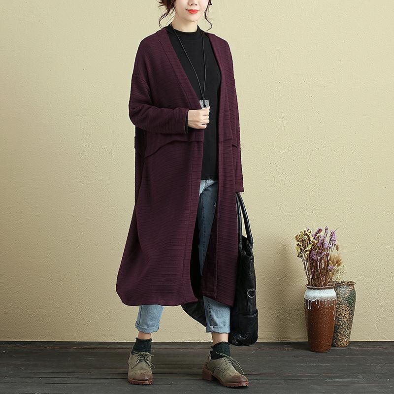 Women Long Sleeve Loose Dark Red Cardigan Coat