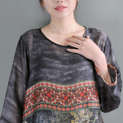 Ethnic Women Loose Round Neck Three Quarter Sleeve Dress