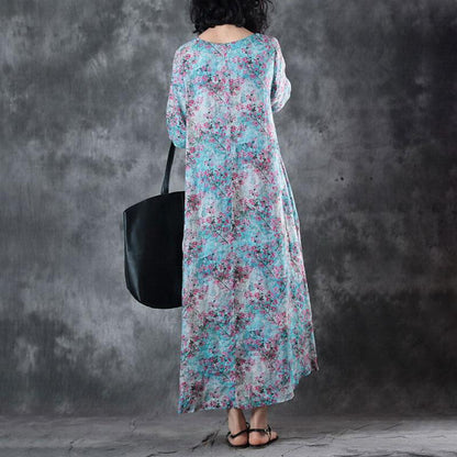 Retro V Neck Short Sleeve Printed Ramie Dress