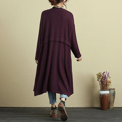 Women Long Sleeve Stripe Pockets Dark Red Cardigan Coat