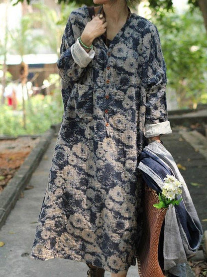cotton linen casual loose fitting dress red /blue
