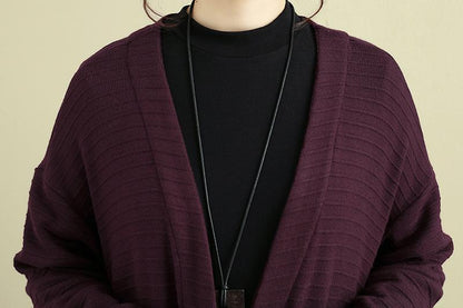Women Long Sleeve Stripe Pockets Dark Red Cardigan Coat