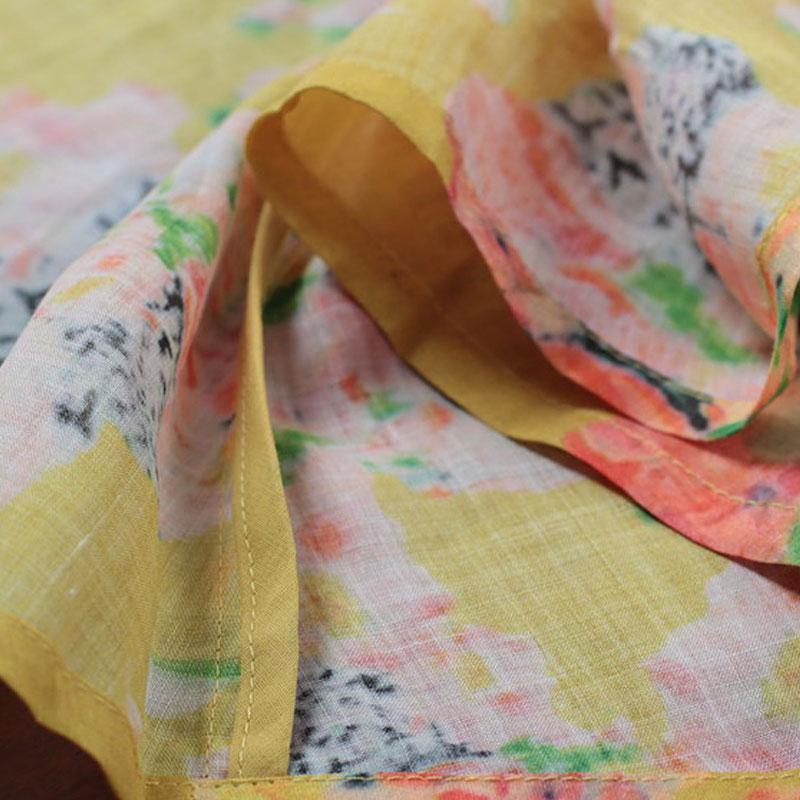 Stand Collar Printed Ramie Single Breasted Women Dress