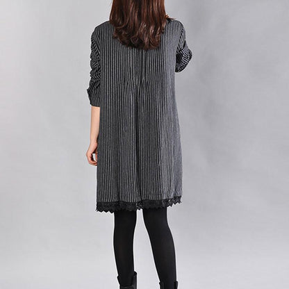 Loose Cotton Printing Lace Hem Black Dress