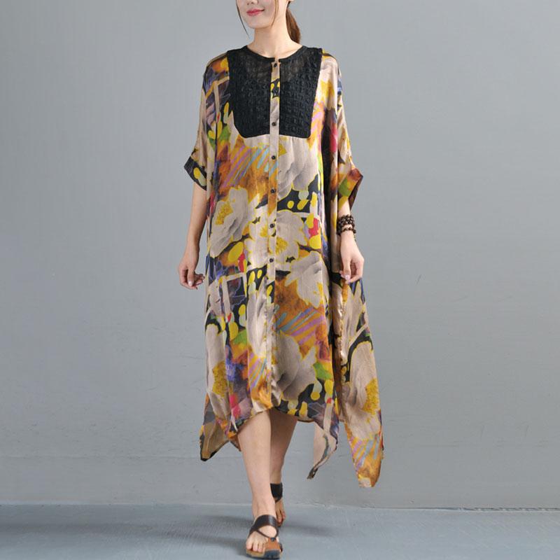 Loose Single Breasted Three Quarter Sleeve Printed Dress
