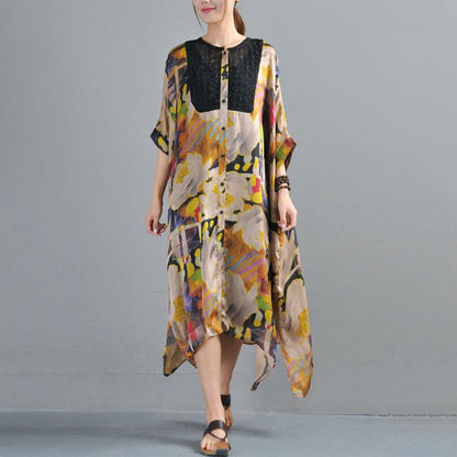 Loose Single Breasted Three Quarter Sleeve Printed Dress