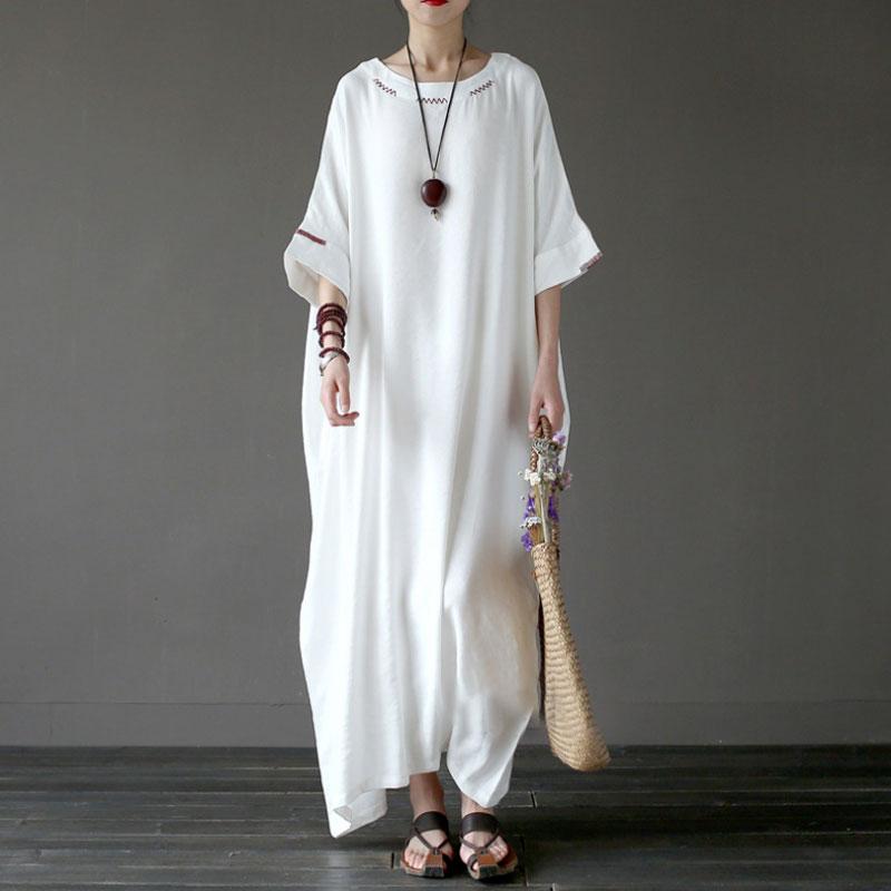Women Flax Cotton 1/2 Sleeve Embroidery White Dress