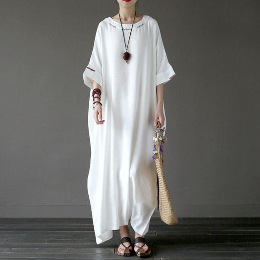 Women Flax Cotton 1/2 Sleeve Embroidery White Dress