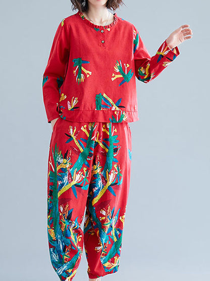 CASUAL FLORAL PRINTED BLOUSES&PANTS SUITS