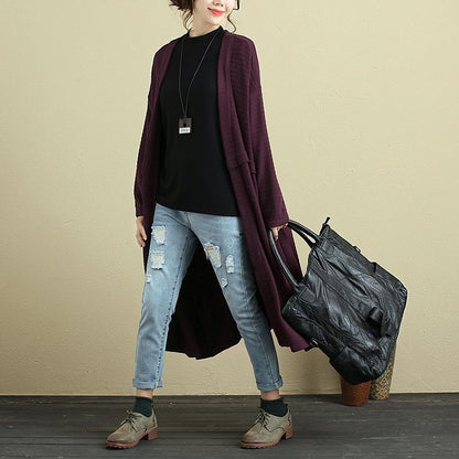 Women Long Sleeve Stripe Pockets Dark Red Cardigan Coat