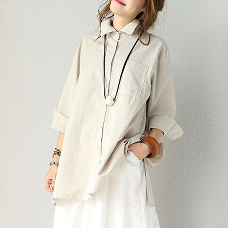 Cotton Loose Single Breasted Polo Collar Patchwork Double Layer Khaki Shirt