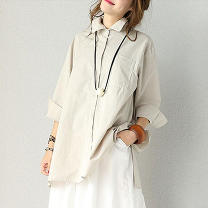 Cotton Loose Single Breasted Polo Collar Patchwork Double Layer Khaki Shirt