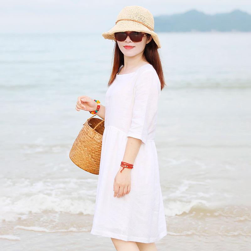 Special Collar Design Women Half Sleeve Loose White Folded Dress