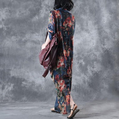 Printing Women Summer Loose Casual Irregular Floral Blue Dress