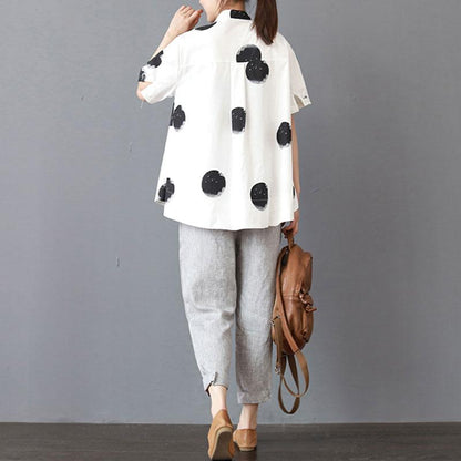 Stand Collar Short Sleeve Loose Cotton White Shirt