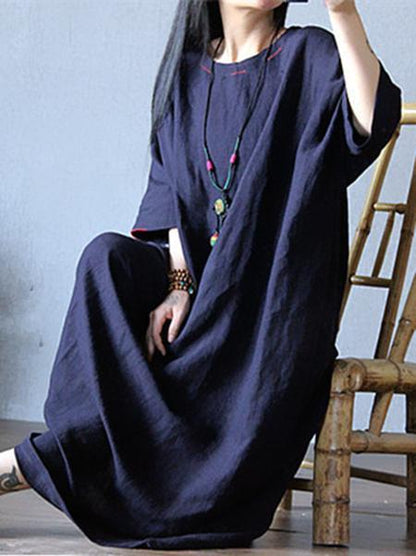 Casual Cotton Loosen Long Dress in Blue Color