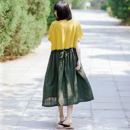 Summer Women Round Neck Short Sleeve Cotton Linen Pleated Dress