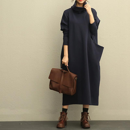 Literature Turtle Neck Long Sleeves Cotton Spandex Navy Blue Women Dress
