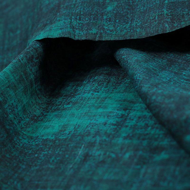 Women Ramie 1/2 Sleeve Printed Pleated Dark Green Dress