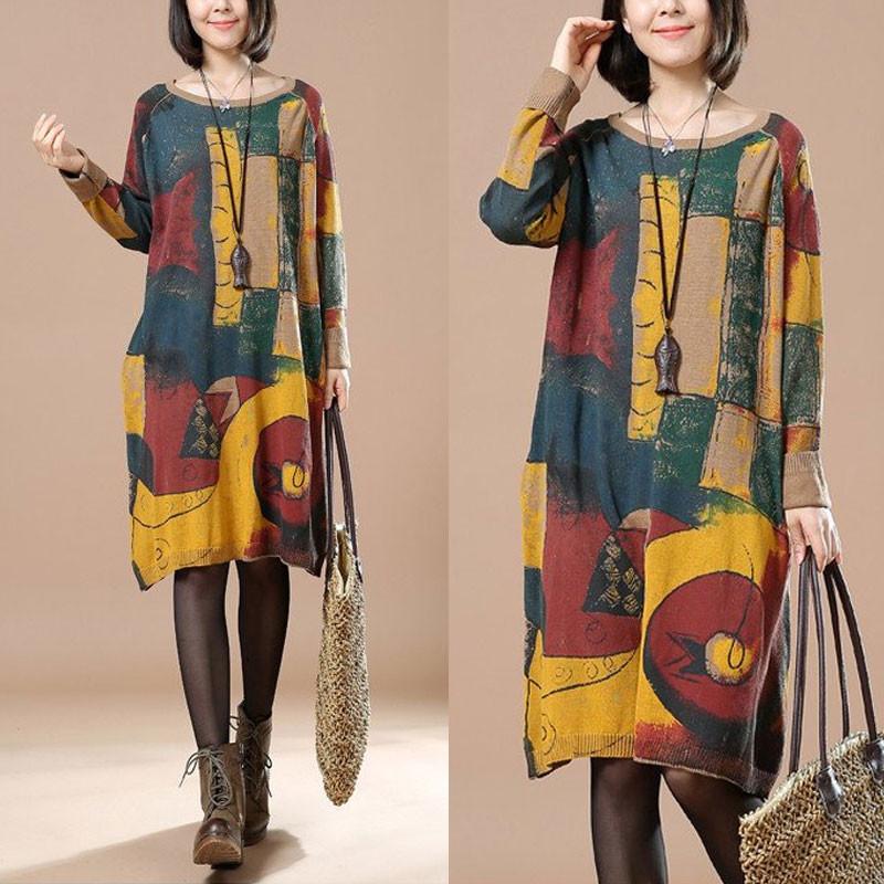 Women Print retro long sleeve dress