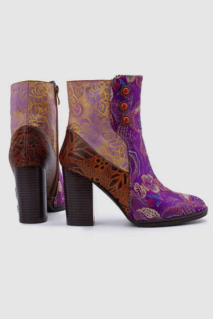 Retro Vintage Printed Leather Block High Heels Ankle Boots