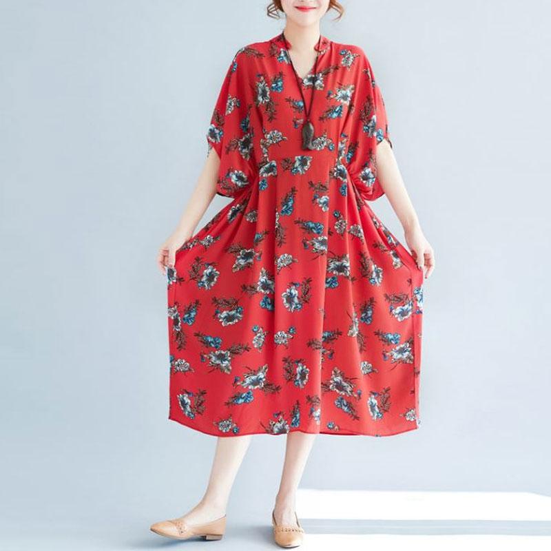 V Neck Loose Plus Size Printed Chiffon Dress