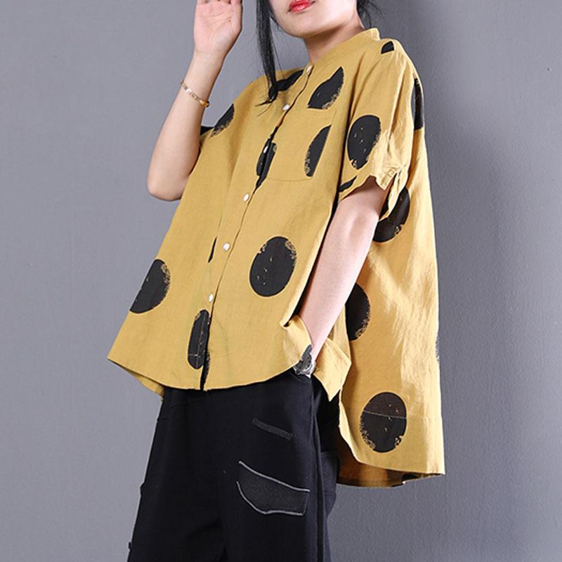 Stand Collar Short Sleeve Loose Cotton Yellow Shirt