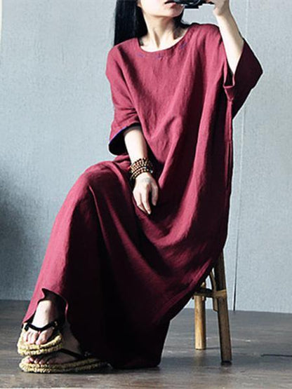 Original Casual Loosen Cotton Long Dress in Red and White Colors