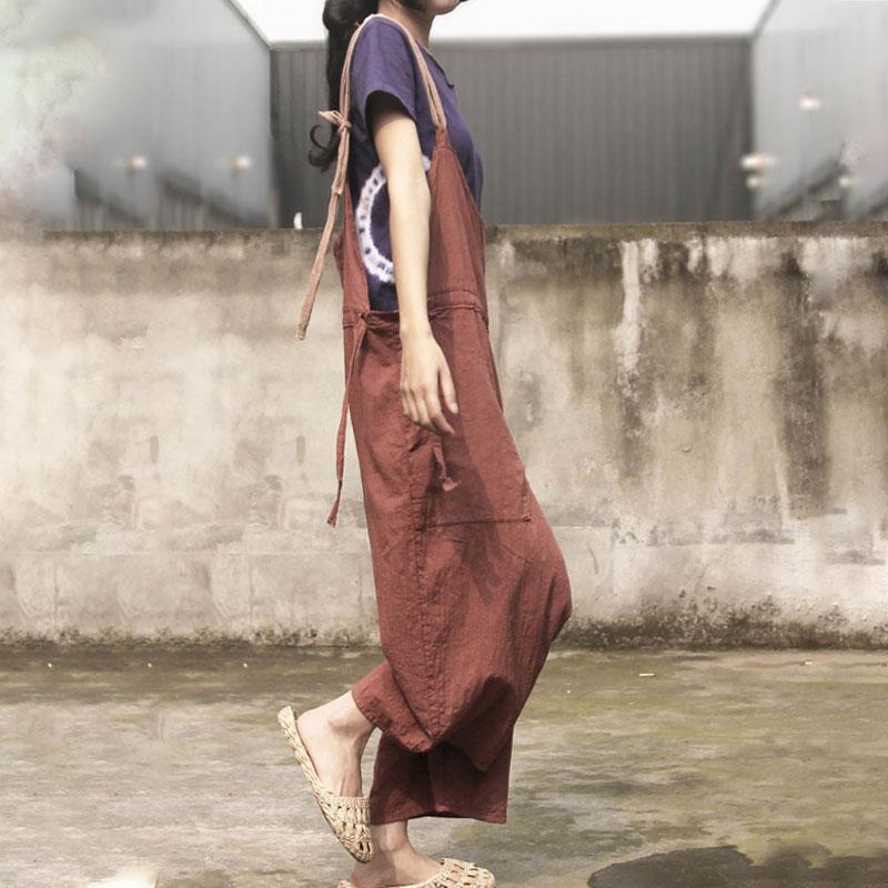 Retro Women Rompers Loose Flax Cotton Jumpsuit