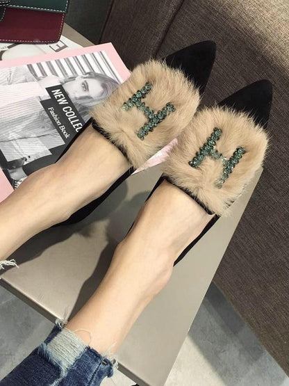 Rhinestone H Letter Artificial Fur Pointed Shoes
