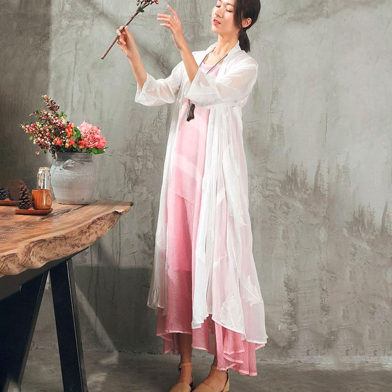 Women Feather Embroidery White Cardigan Thin Coat