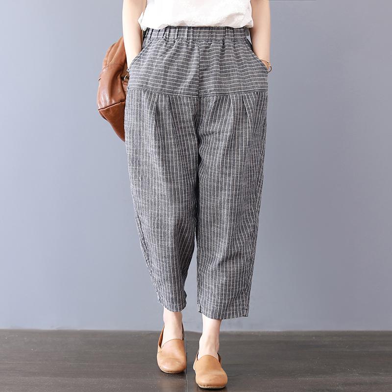 Stripe Pockets Cotton Women Pants