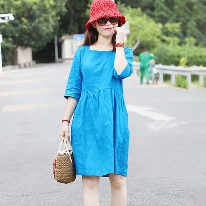 Women Square Collar Half Sleeve Loose Blue Short Dress
