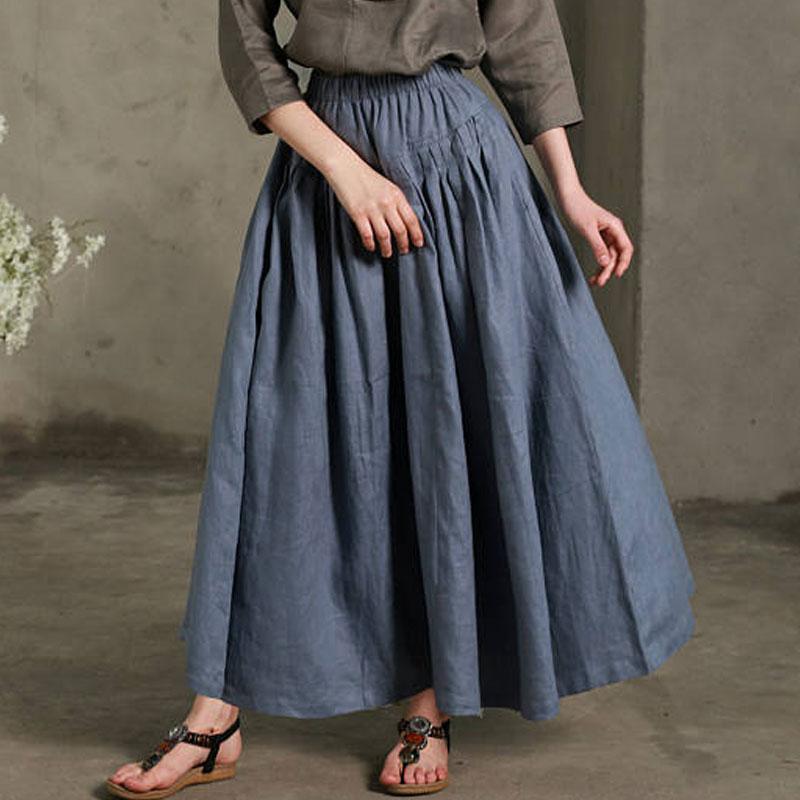Causal Women Cotton Linen Loose Blue Pleated Skirt